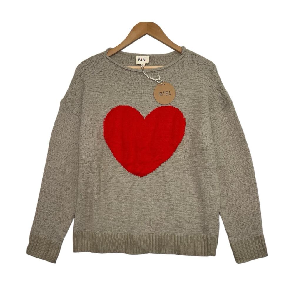 New BiBi Sweater Womens Medium Beige Red Heart Chenille Valentine Cozy Romantic